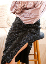 Load image into Gallery viewer, SEQUIN MIDI SKIRT WITH SIDE SLIT
