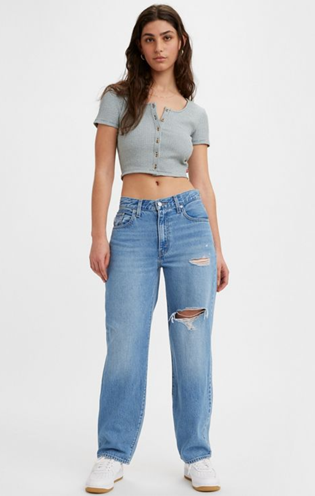 LEVI'S BAGGY DAD JEANS IN MEDIUM DESTRUCTED INDIGO