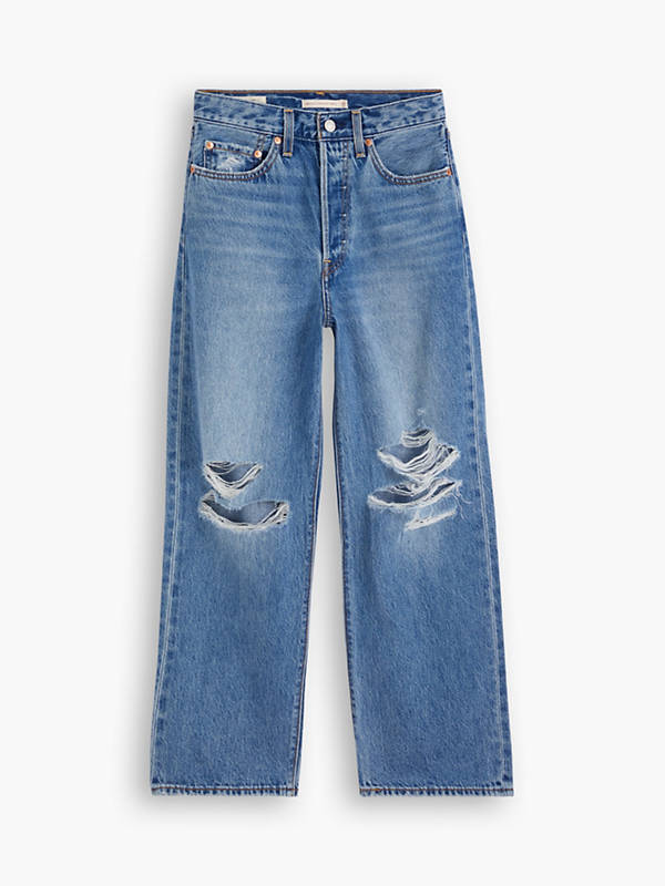 LEVI'S RIBCAGE STRAIGHT ANKLE DENIM IN DESTRUCTED MEDIUM INDIGO