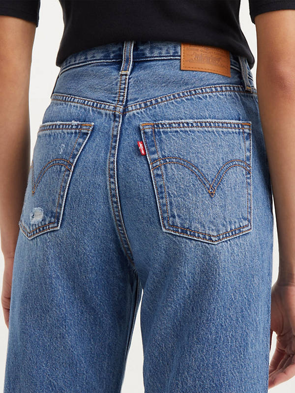 LEVI'S RIBCAGE STRAIGHT ANKLE DENIM IN DESTRUCTED MEDIUM INDIGO