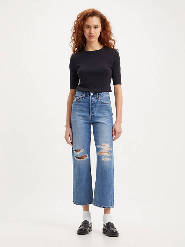 LEVI'S RIBCAGE STRAIGHT ANKLE DENIM IN DESTRUCTED MEDIUM INDIGO