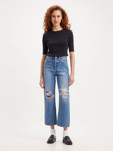 LEVI'S RIBCAGE STRAIGHT ANKLE DENIM IN DESTRUCTED MEDIUM INDIGO